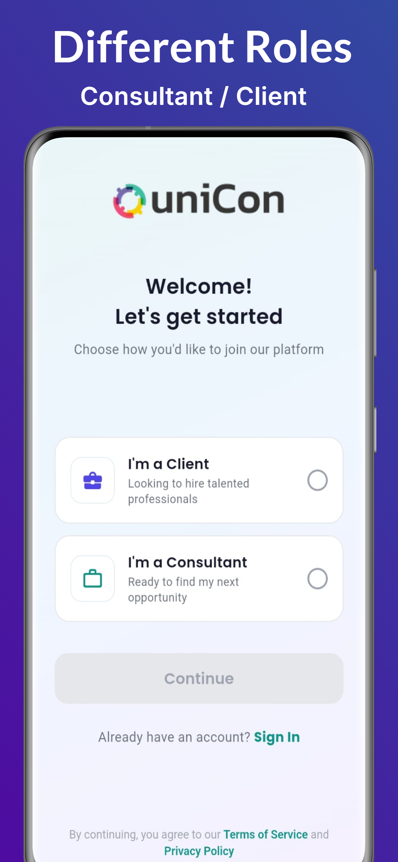 Role selection — Client or Consultant
