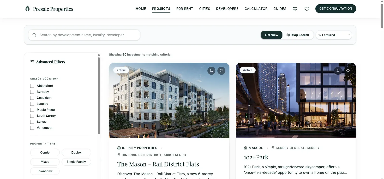 Searchable project listings